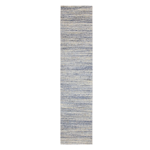 Blue Variegated Textured Design Hand Loomed Runner Pure Wool Modern Oriental 
