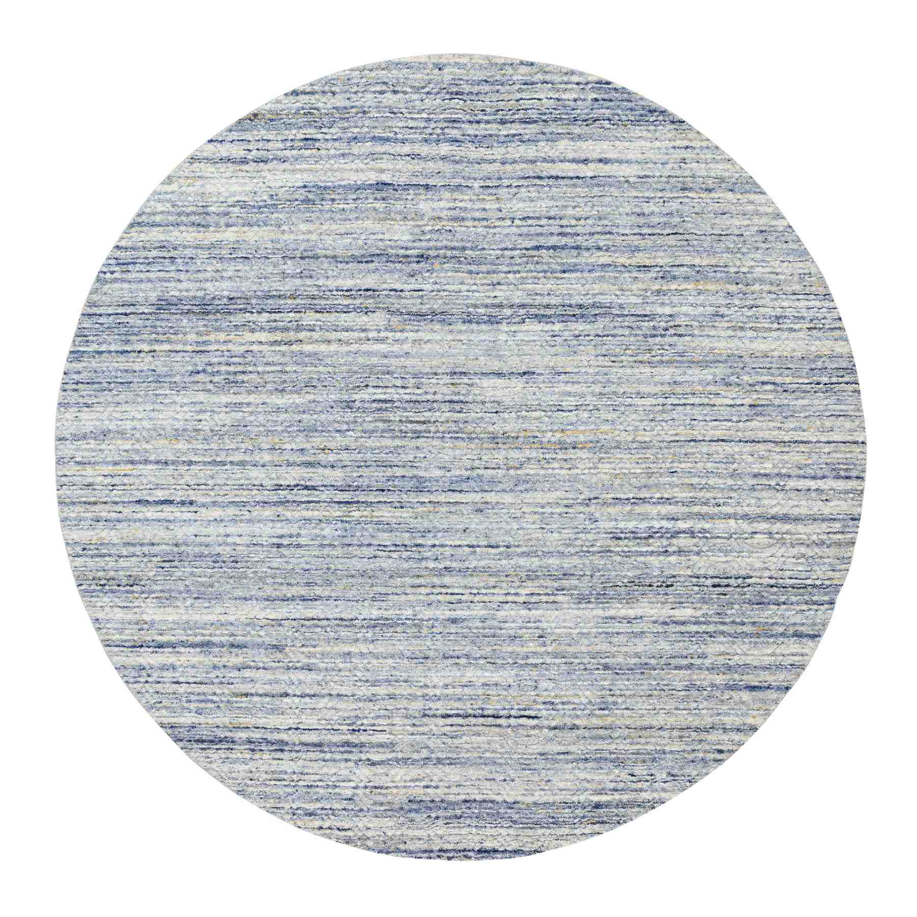 Blue Variegated Textured Design Hand Loomed Pure Wool Modern Round Oriental 