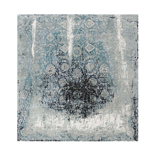 Blue Broken Persian Tabriz Erased Design Wool and Silk Hand Knotted Square Oriental 