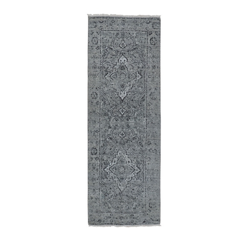 Gray Broken Persian Erased Design Runner Silk With Textured Wool Hand Knotted Oriental 