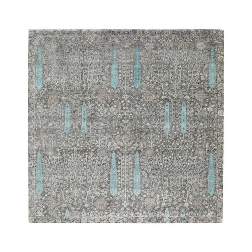 Square Cypress Tree Design Silk with Textured Wool Hand Knotted Oriental Rug
