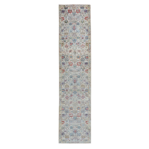 Colorful Silk With Textured Wool Tabriz Runner Hand Knotted Oriental Rug Colorful Silk With Textured Wool Tabriz Runner Hand Knotted Oriental Rug