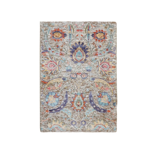 Tan Sickle Leaf Design Silk With Textured Wool Hand Knotted Oriental Rug