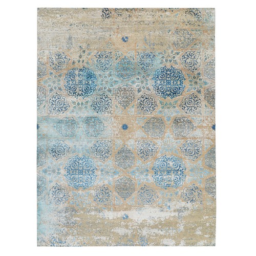 Olive Gray With Touch Of Blue Snowflake Design Silk With Textured Wool Hand knotted Oriental 