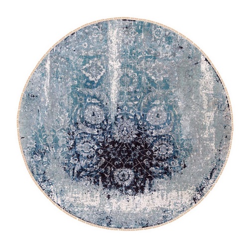 Round Wool And Silk Broken Persian Tabriz Erased Design Hand Knotted Oriental 