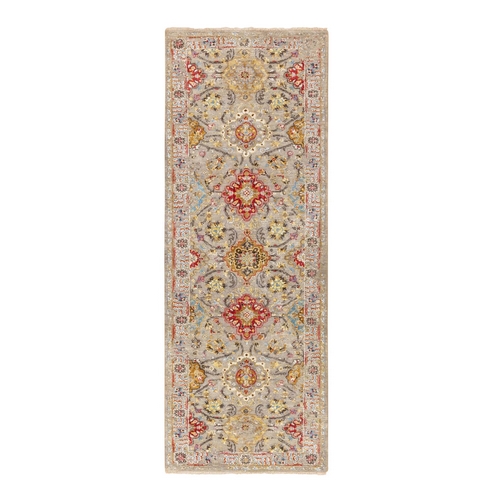 THE SUNSET ROSETTES Wool And Pure Silk Runner Hand Knotted Oriental Rug