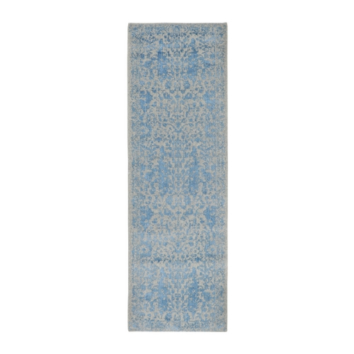 Blue Fine Broken Cypress Tree Design Wool And Art Silk Runner Thick Hand Loomed Oriental 