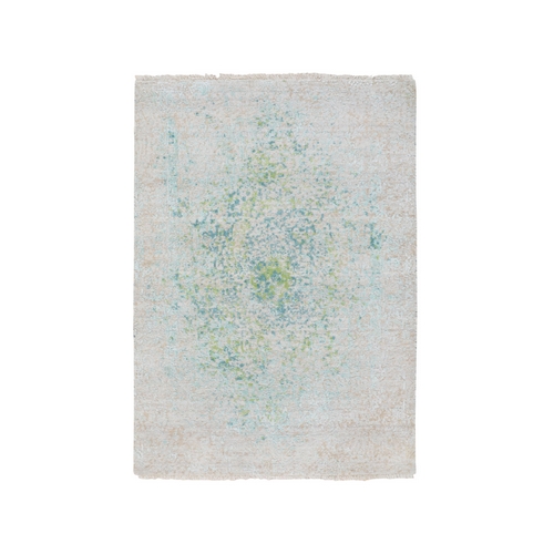 Ivory Touch Of Green Pure Silk With Textured Wool Hand Knotted Oriental Rug 