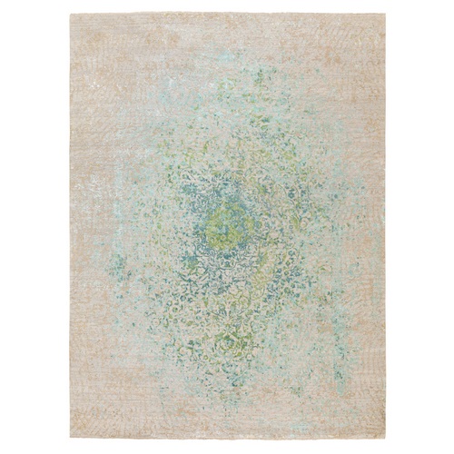 Ivory Touch Of Green Pure Silk With Textured Wool Hand Knotted Oriental Rug
