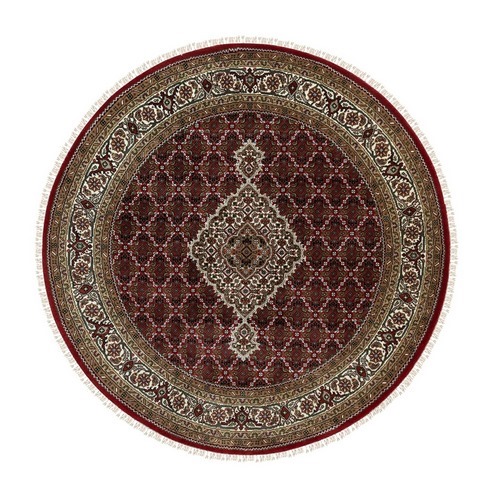 Round Wool And Silk Red Hand Knotted Tabriz Mahi Fish Design Oriental Rug