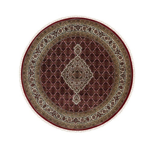 Round Hand Knotted Red Fish Design Tabriz Mahi Wool And Silk Oriental Rug