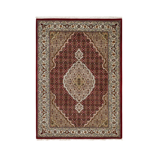 Red Hand Knotted Fish Design Tabriz Mahi Wool And Silk Oriental Rug
