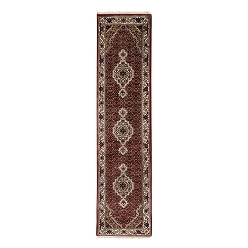 Red Hand Knotted Fish Design Tabriz Mahi Wool And Silk Oriental Runner Rug