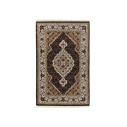 Rich Black, Hand Knotted, Tabriz Mahi with Fish Medallion Design, 250 KPSI Wool, Oriental Rug Rich Black, Hand Knotted, Tabriz Mahi with Fish Medallion Design, 250 KPSI Wool, Oriental Rug