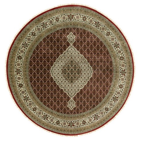Red Hand Knotted Wool And Silk Tabriz Mahi Fish Design Oriental Round Rug