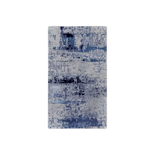 Abstract Design Hi-Low Pile Silver-Blue Hand Knotted Wool & Silk Oriental Rug