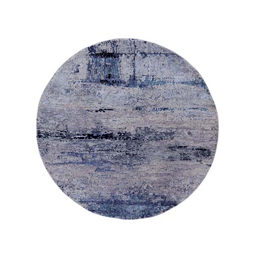 Round Silver, Blue Wool & Silk Abstract Design Hand Knotted Hi-Low Pile Oriental Rug