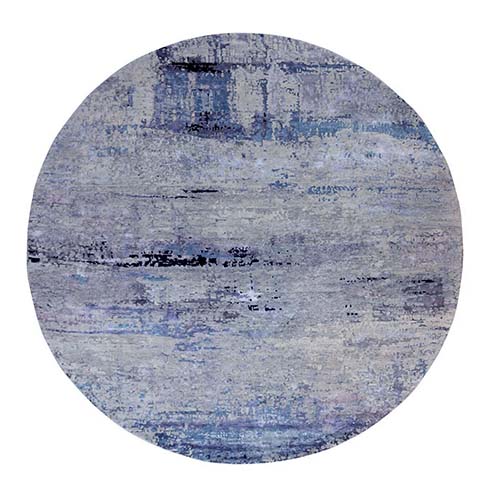 Round Abstract Design Modern Silver-Blue Hand Knotted Wool & Silk Hi-Low Pile Oriental Rug