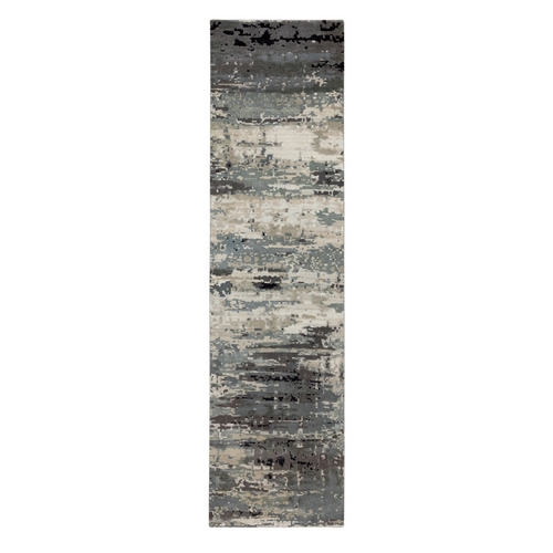 Taupe Abstract Design Wool and Silk Runner Hi-Low Pile Hand Knotted Oriental 