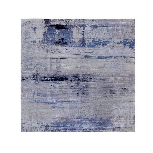 Wool And Silk Silver, Blue Modern Abstract Design Hand Knotted Oriental Square Rug