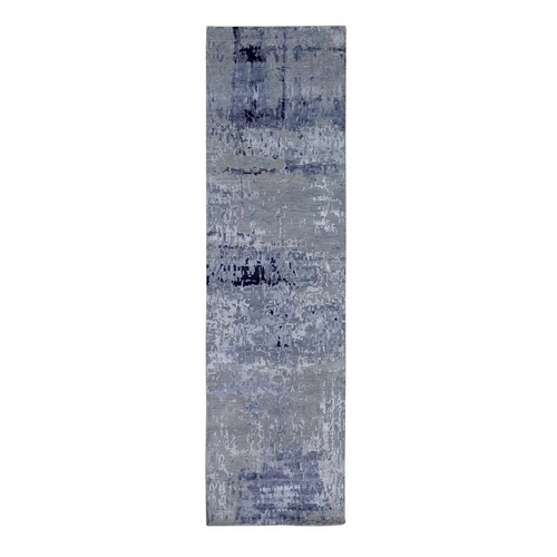 Silver, Blue Wool And Silk Modern Abstract Design Hand Knotted Oriental Runner Rug