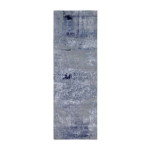 Wool And Silk Silver, Blue Modern Abstract Design Hand Knotted Oriental Runner Rug