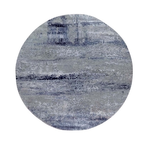 Wool & Silk Silver Blue Modern Abstract Design Hand Knotted Oriental Round Rug