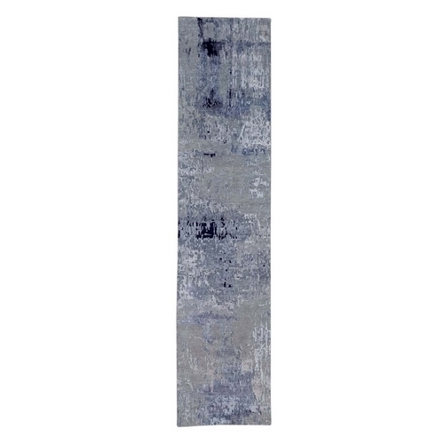 Silver Blue Wool & Silk Modern Abstract Design Hand Knotted Oriental Runner Rug