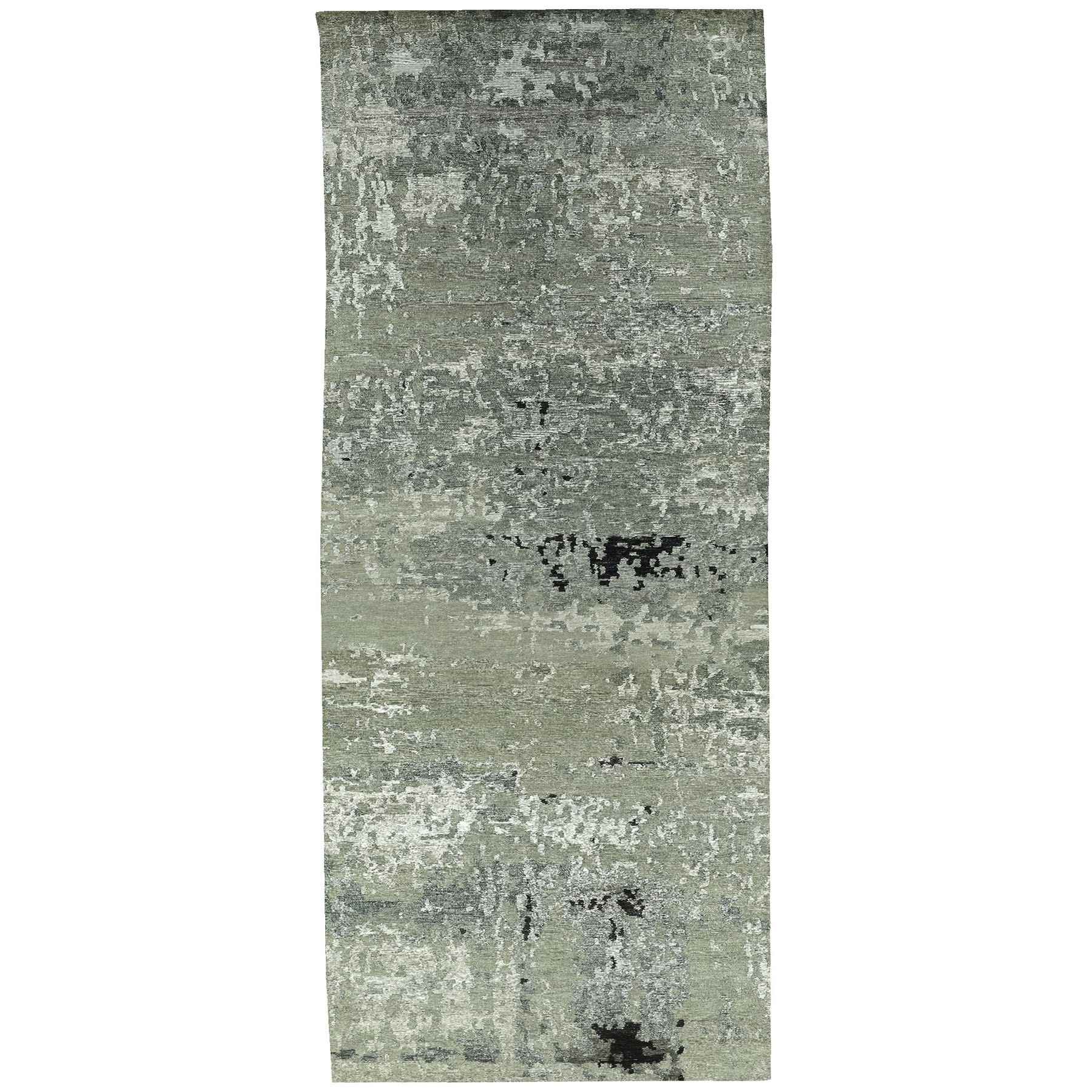 Silver Gray Wool & Silk Modern Abstract Design Hand Knotted Oriental Runner Rug