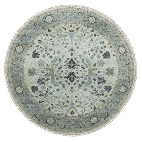 Gray Denser Weave Oushak Large Motifs Hand Knotted Pure Wool Oriental Round Rug