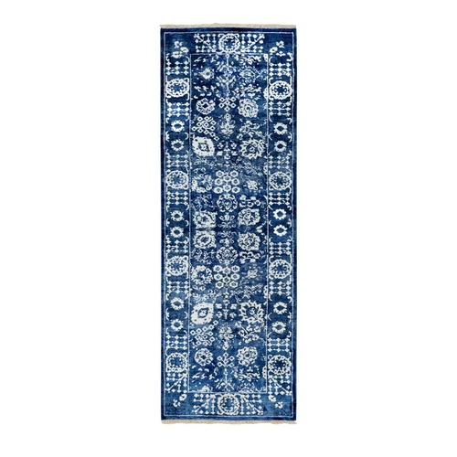 Blue Wool and Silk Tone On Tone Tabriz Runner Hand Knotted Oriental Rug