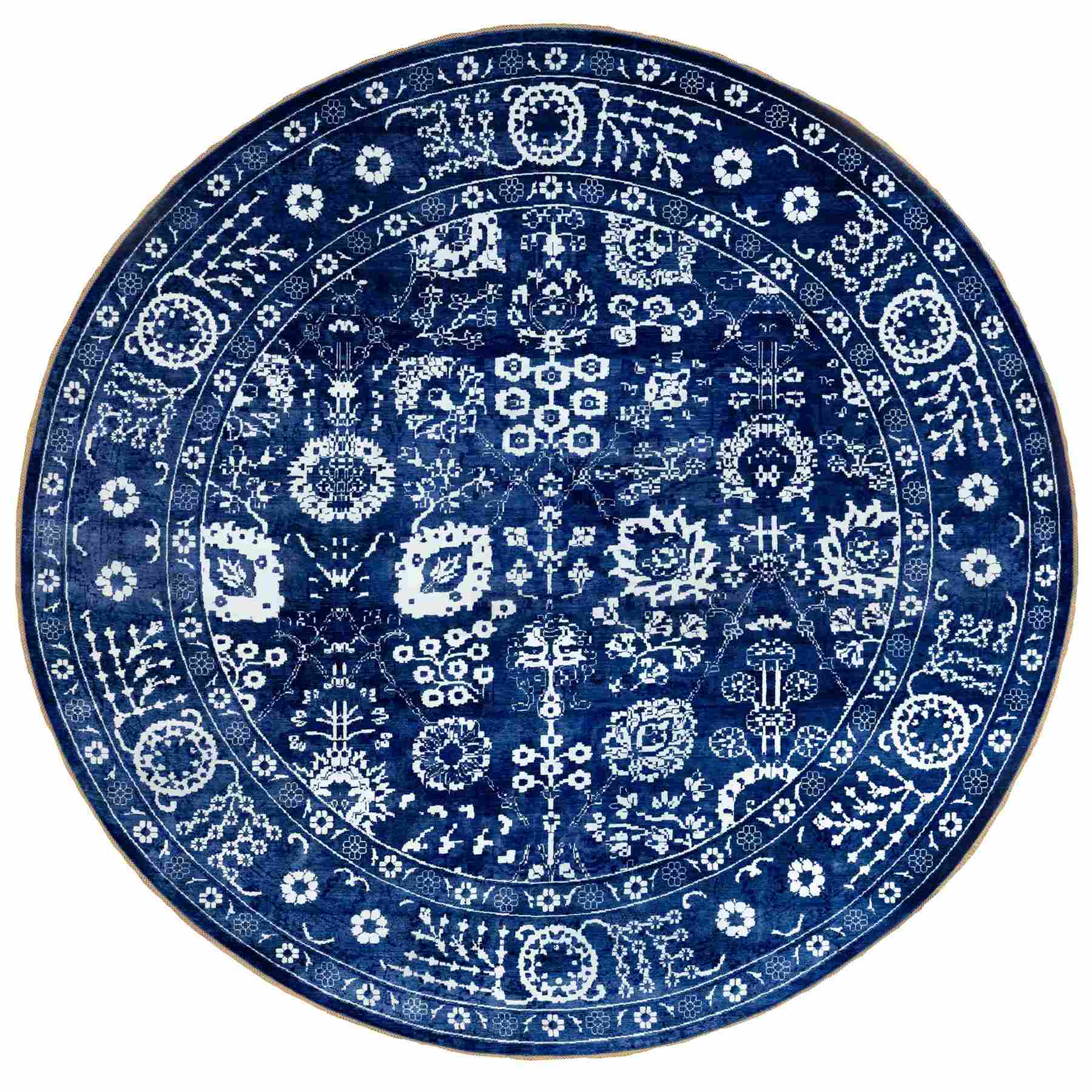 Blue Tone On Tone Tabriz Wool and Silk Hand Knotted Round Oriental Rug