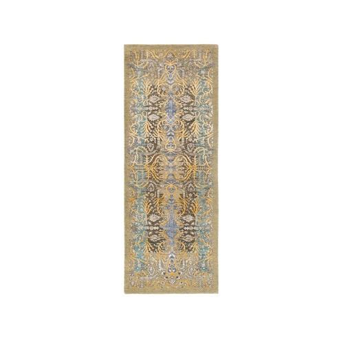Gold Brown, Silk With Textured Wool Transitional Sarouk Hand Knotted Oriental Runner 