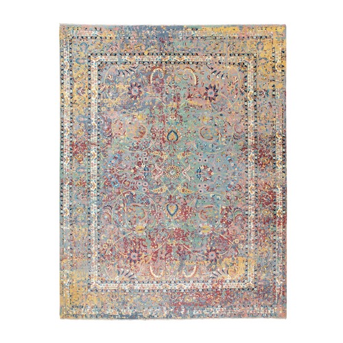 Pastels Pure Silk With Textured Wool Erased Persian Design Hand Knotted Oriental Rug