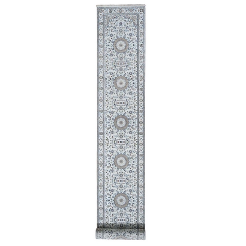 Wool And Silk 250 KPSI Ivory Nain Hand-Knotted Oriental XL Runner Rug Wool And Silk 250 KPSI Ivory Nain Hand-Knotted Oriental XL Runner Rug