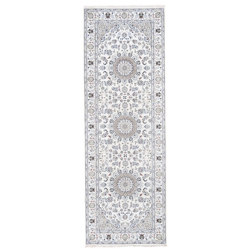 Ivory Wool and Silk 250 KPSI Nain Hand Knotted Runner Oriental Rug