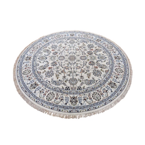 Ivory Wool And Silk 250 Kpsi All Over Design Nain Hand-Knotted Oriental Round Rug