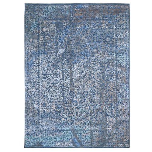 Blue Erased Persian Design Wool and Silk Hand Knotted Oriental 
