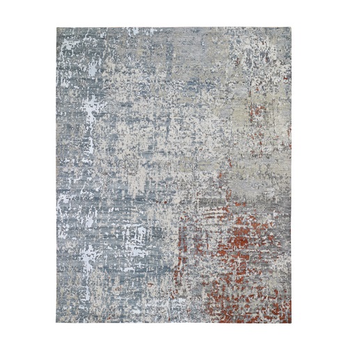 Terracotta Abstract Design Wool And Silk Hi-Low Pile Denser Weave Hand Knotted Oriental Rug