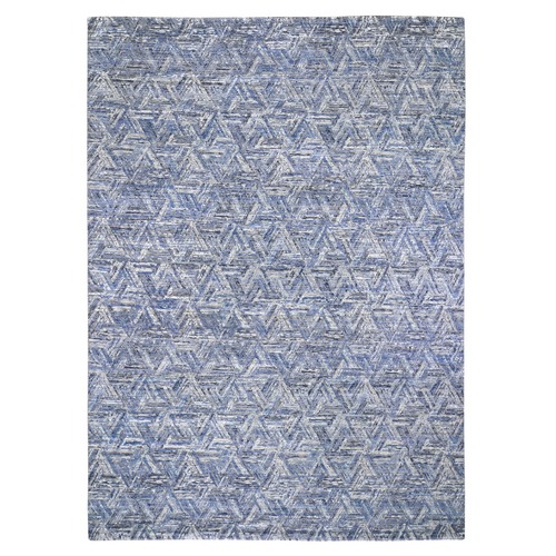 THE INTERWINED TRIANGLES, Blue Silk With Textured Wool Hand Knotted Oriental 