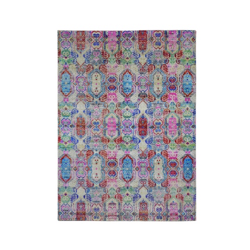Colorful Jewellery Design Sari Silk With Textured Wool Hand Knotted Oriental Rug