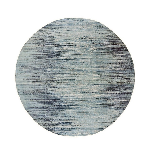 Blue with Touches of Ivory Hand Knotted Horizontal Ombre Design Pure Wool Round Oriental 