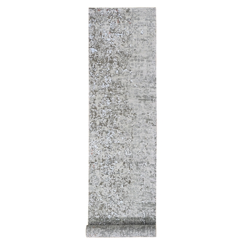 Gray Dense Weave Abstract Design Wool and Silk Hi-Low Pile Hand Knotted Runner Oriental 