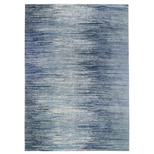 Blue Oceanic Zero Pile Pure Wool Horizontal Ombre Design Hand Knotted Oriental Rug