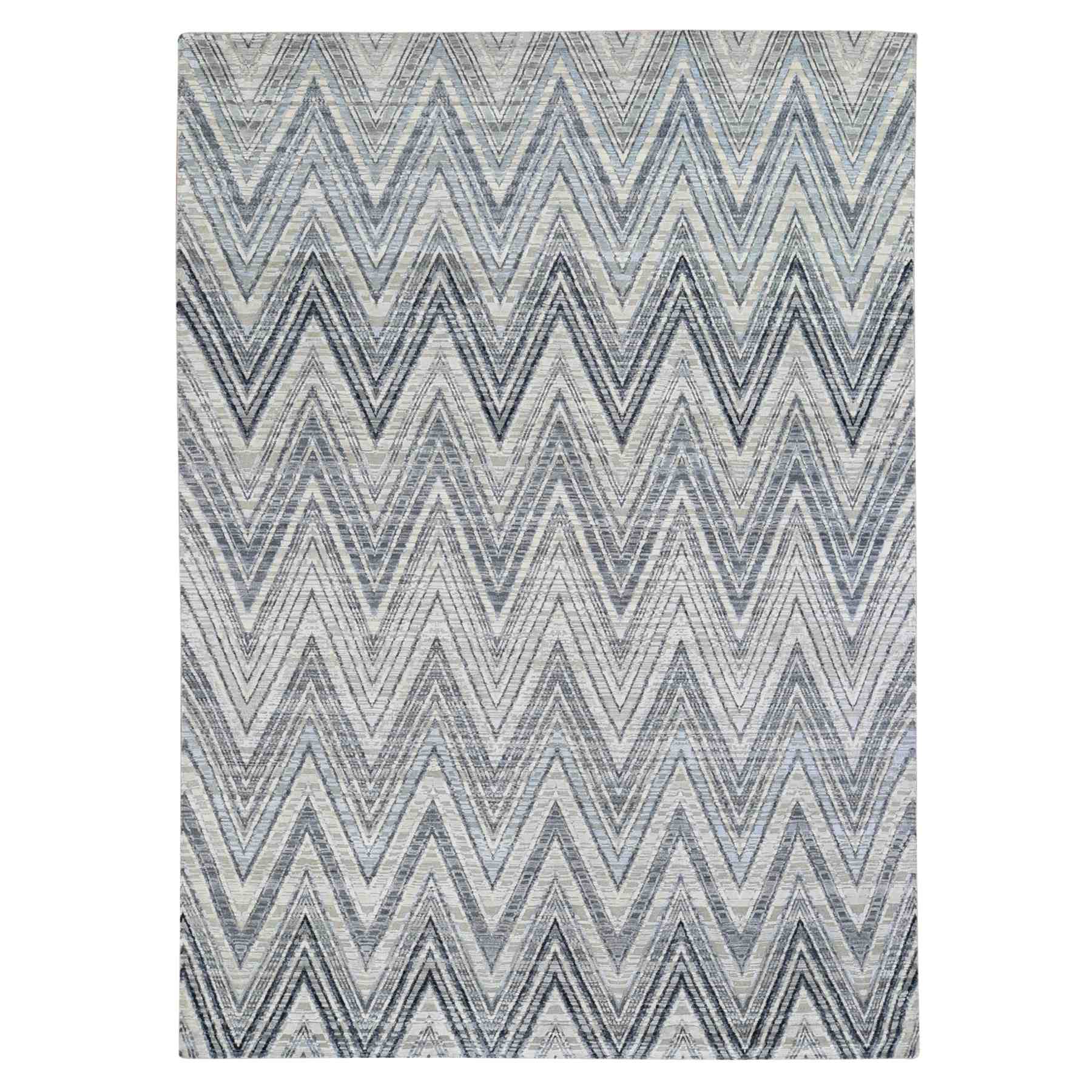 Ivory Chevron Design Textured Wool and Pure Silk Hand Knotted Oriental Rug