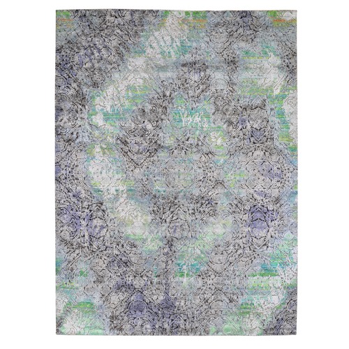 Greens DIMINISHING COINS, Sari Silk with Textured Wool Hand Knotted Oriental Rug
