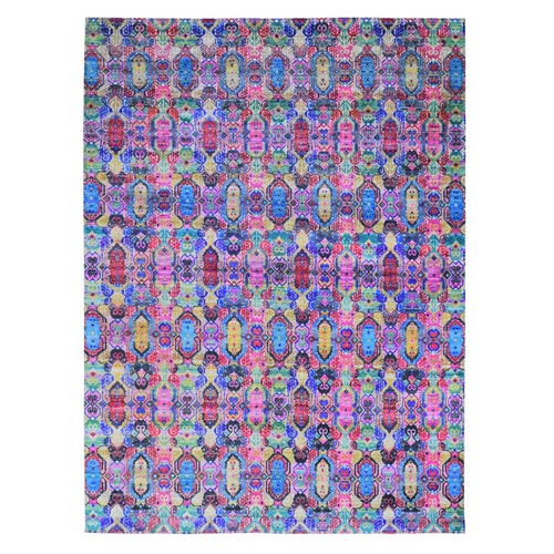 Colorful Jewellery Design Sari Silk with Textured Wool Hand Knotted Oriental Rug
