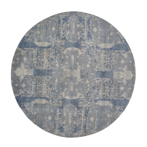 Round Blue Wool And Pure Silk Jewellery Design Hand Knotted Oriental Rug