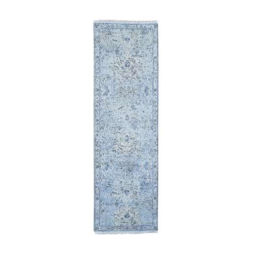 Distressed Oushak Pure Silk with Textured Wool Runner Hand Knotted Oriental Rug