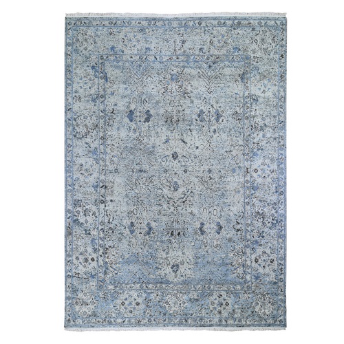 Distressed Oushak Pure Silk with Textured Wool Hand Knotted Oriental Rug
